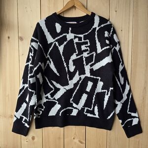 Urban Man Graffiti Print Knit Acrylic Crewneck Sweater Black White Mens Medium